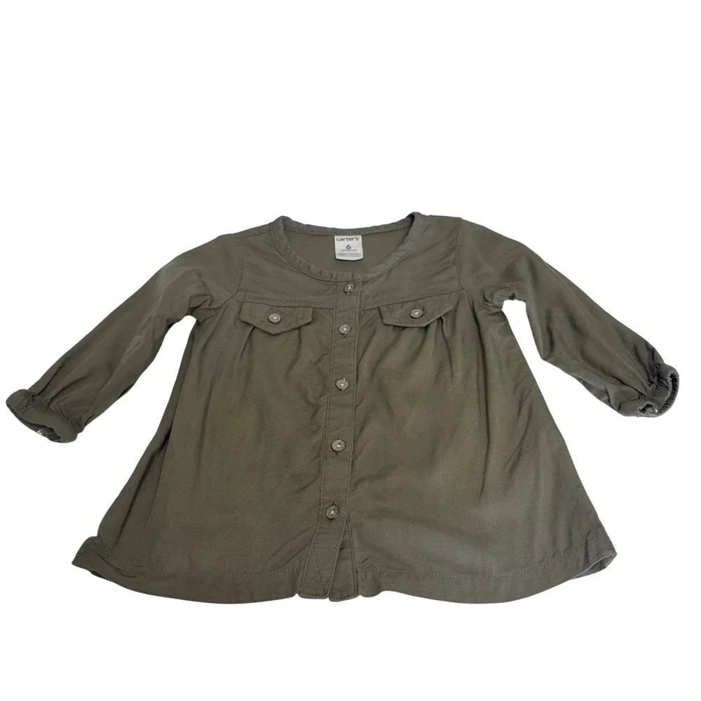 Carters Baby Girl Olive Green Button Front Peplum Top Long Sleeve 6 Months